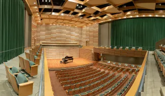 wide angle view of the Rosch Recital Hall from the stage
